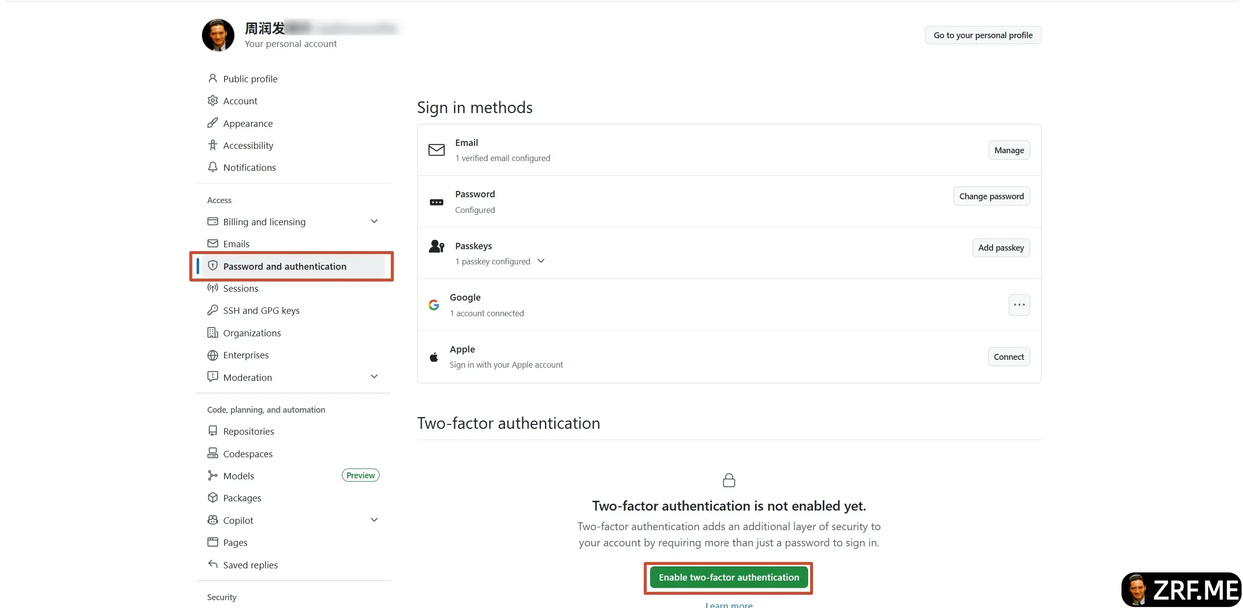 开启 Enable two-factor authentication
