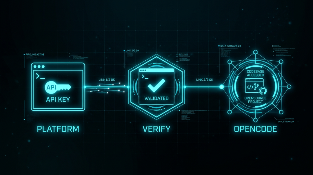 接入流程：Platform 拿 Key → Verify 验通 → OpenCode 对话