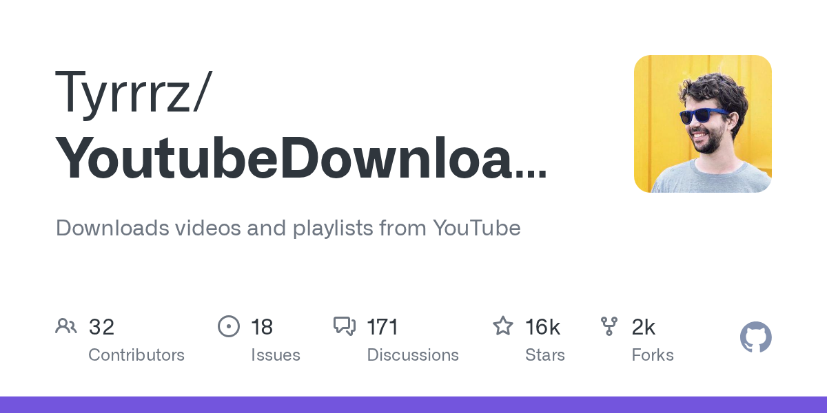 YoutubeDownloader 的 GitHub 仓库卡片：MIT 许可，16,061 star，支持整站频道下载