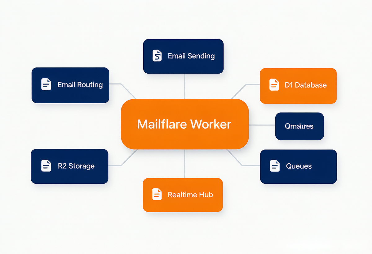 Mailflare 架构图:网页跑在 Worker 上,数据存 D1 和 R2,收发走 Cloudflare 邮件服务